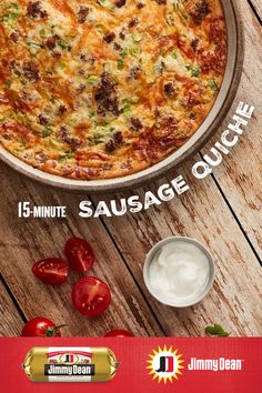 an advertisement for jimmy bean's easy sausage quesadilla with tomatoes and sour cream