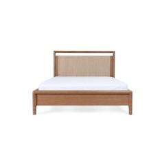 a bed with a wooden frame and headboard on it's side, against a white background