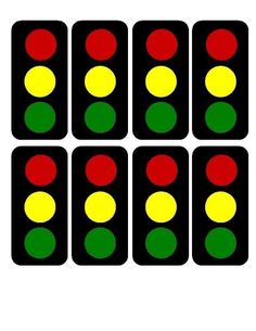 four traffic lights are shown in red, green and yellow colors on a white background