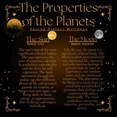 the properties of the planets on a black background with gold stars and moon shapes in it