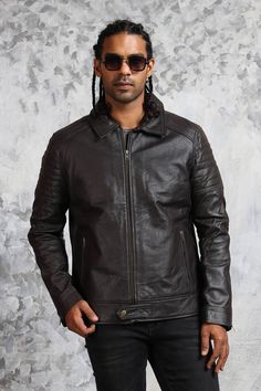 Men's Black Leather Jacket with Collar Leather jackets are a classic staple that can never go out of style! Biker leather jackets in solid black color create a strong impression on ones individuality by accentuating and elevating a basic casual outfit into a stunning head turner. This black leather jacket is imbued with sophistication for a polished look, manufactured from 100% real cowhide leather. The jacket features thread detailing on its front closure and shoulders with lightly padded sleev Leather Biker Jacket With Padded Collar, Leather Biker Jacket With Padded Collar For Biker Events, Urban Leather Biker Jacket With Padded Collar, Winter Biker Leather Jacket With Padded Collar, Winter Leather Jacket With Padded Collar For Biker Events, Moto Leather Jacket With Long Sleeves, Black Biker Jacket With Padded Collar, Leather Biker Outerwear With Padded Collar, Biker Leather Outerwear With Padded Collar