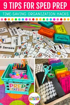 several different ways to organize your classroom with the text 9 tips for speed prep time - saving organization hacks