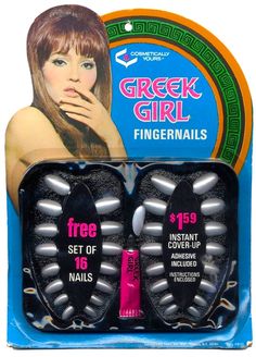 Cosmetically Yours 'Greek Girl' Fingernails Historical Makeup, No Chip Nails, Cosmetic Brands, Beauty Advertising, Makeup Ads, Retro Beauty, Vintage Packaging