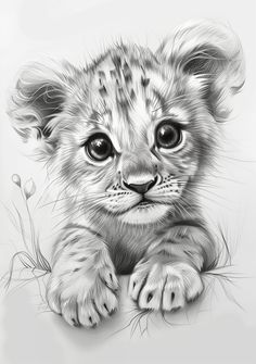 a pencil drawing of a baby lion cub