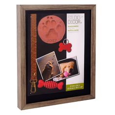 a dog's paw is shown in a shadow box with photos and magnets