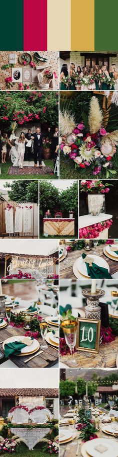 a collage of photos showing different tables and chairs with flowers on them in various colors