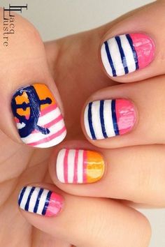 Nautical Nail Art, Tropical Nail Art, Nails Opi, Nail Art Stripes, Tropical Nails, Striped Nails, Nautical Stripes