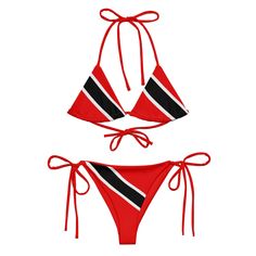 Our Trinidad & Tobago Print  ♡Adjustable triangle cups ♡Flexible bikini straps ♡Soft and stretchy material with UPF 50+ ♡Double-lined to prevent sheerness  ♡Machine wash delicate, hang dry ♡An Exclusive Original Print Red Adjustable Halter Neck Swimwear, Adjustable Red Halter Neck Swimwear, Triangle Stretch Swimwear For Swimming, Stretch Triangle Swimwear For Beach Season, Fitted Triangle Swimwear For Swimming, Caribana Outfit, Trinidad And Tobago Flag, Trinidad Tobago, Original Prints