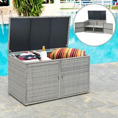 Looking for a storage box for your outdoor space? So never compromise your style when looking for form and function in your outdoor living space. Our garden bench box maximizes storage space and increases patio seating capacity while providing an attractive focal point to your garden or patio. It is made of sturdy steel, PE wicker and weather-proof for durable use. When you lack space for storing your belongings outdoors, the box will work perfectly with large capacity for storing your cushions, Pool Storage Box, Outdoor Toy Storage, Wicker Storage Boxes, Pool Storage, Deck Storage, Rattan Storage, Patio Storage, Deck Box Storage, Deck Box