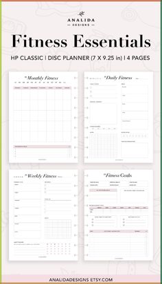 the printable fitness planner is shown in three different colors and sizes, with text that reads