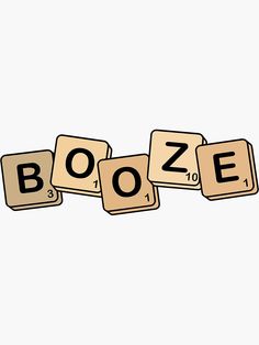 the word booze spelled with scrabble tiles on a white background, illustration