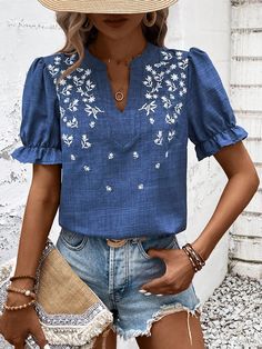 Women Embroidered Shirt, Suitable For Daily Wear, Beach Vacation And Leisure In Summer Blue Casual,Boho  Short Sleeve Woven Fabric Floral,Plants Top Non-Stretch  Women Clothing, size features are:Bust: ,Length: ,Sleeve Length: Embroidery On Tops, Embroidered Clothes, Summer Blue, Fabric Floral, Boho Casual, Embroidered Shirt, Boho Shorts, Beach Vacation, Women Clothing