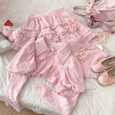 Pink 3 Piece Sets Women Crop Top Puff Sleeve Short Cardigans Elastic Waist Skirt Cute Outfits for Pink Outfit Set, Rosé Suit, Pink Skirt Set, Beige Skirt, Fairytale Fashion, Beige Coat, Elastic Waist Skirt, Short Cardigan, Pink Coat