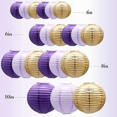 purple and gold paper lanterns are arranged in rows, along with the number of each lantern