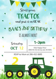 Tractor Birthday Invitation, Tractor Invite, Tractor, Tractor Party Invite, Tractor Party Invitation, Tractor Invitation, Tractor Party, Tractor Birthday Tractor Birthday Cakes, Tractor Birthday Invitations, Farm Invitation, Cow Birthday Parties, 2nd Birthday Party For Boys, 2nd Birthday Boys