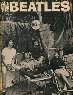 an advertisement for the beatles featuring four men sitting in lawn chairs and one man standing