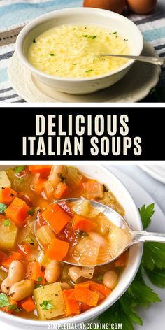 two pictures with different types of soup in them