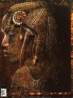 a painting of a woman's head in gold and brown tones with an ornate crown on her head