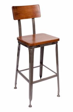 a wooden seat and metal frame stool