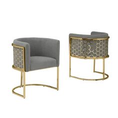 two grey chairs with gold accents on each one and the other in different sizes, both sitting side by side