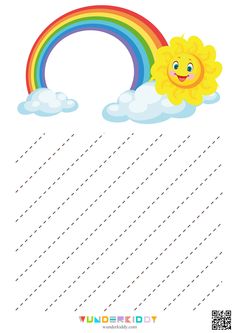 a rainbow with clouds and a smiling sun on the top is in front of a dotted line