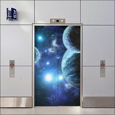 an open door to the outer world with stars and planets on it, in front of a white tiled wall