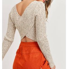 Mixed Yarn With Surplice Back Detailed Long Sleeve Sweater Top - Scoop Neckline - Long Sleeves - Surplice Back Detail - Ribbed Model Is Wearing Small - Height : 5' 8" Bust : 31.5" Waist : 24" Hips : 35" Criss Cross Back Sweater, Beige Crop Top For Fall, Stretch Crop Top For Brunch In Fall, Screen Print Sweatshirt, Criss Cross Sweater, Oatmeal Sweater, Cross Sweater, Taupe Sweater, Ruffle Crop Top