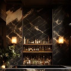 a bar with marble walls and shelves filled with bottles