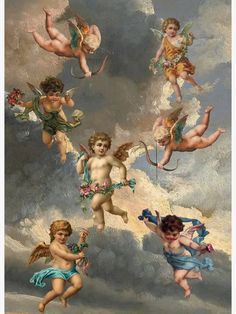 four cherubs flying in the sky with flowers and clouds behind them, all painted by an unknown artist