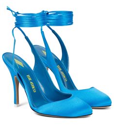 The Attico’s signature feisty opulence is embodied by the Carrie pumps. Made from turquoise blue satin, they have wrap-around ankle straps, almond toes, and sculptural cutout vamps. Tennis Shoe Heels, Chic High Heels, Trending Heels, The Attico, Exclusive Shoes, Blue Pumps, Fancy Shoes, Satin Pumps, Patent Leather Pumps