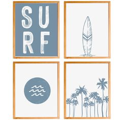 three framed pictures with palm trees and surfboards