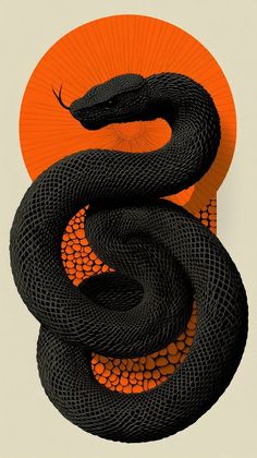 a black snake with an orange circle in the background, on top of it's head