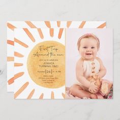 an orange and white photo birth announcement card