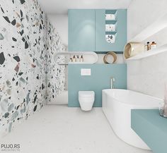 a bathroom with blue and white walls, a toilet and bathtub in the corner