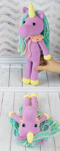 crocheted stuffed toy unicorn with green hair and tail