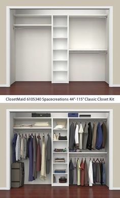 two closets with open doors and closed shelves