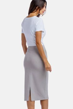 Work Skirts | Ponte Knit Midi Pencil Skirts | Fishers Finery Midi Pencil Skirts, Cashmere Robe, Skirt Collection, Pulled Back Hairstyles, Trendy Skirts, Knit Midi Skirt, Work Skirts, Girl Standing, Womens Pencil Skirts