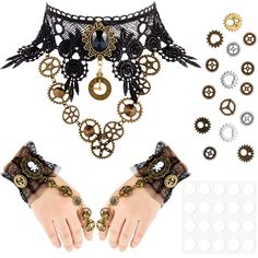 PRICES MAY VARY. Rich combination: you will get 1 piece of gothic steampunk gear choker necklace, 1 pair (2 pieces) of steampunk bracelets, 15 pieces of steampunk gear eye decals, and 1 sheet (20 pieces) of glue points, enough and convenient for your daily use Material and size: the punk choker necklace, bracelet and makeup decals are mainly made of lace, rhinestone and alloy, and the glue points are made of rubber; The lace choker necklace is about 13.4 inches long and 6.7 inches wide, the goth Cowgirl Oc, Gear Decorations, Pirate Bracelet, Steampunk Brooch, Steampunk Choker, Gear Earrings, Steampunk Pirate, Steampunk Bracelet, Punk Necklace