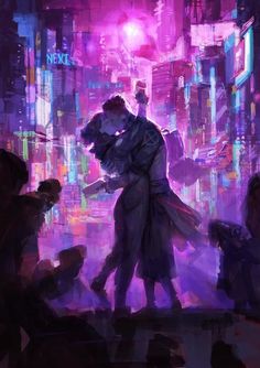 two people are kissing in the middle of a city street at night with neon lights