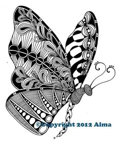 a black and white drawing of a butterfly with intricate designs on it's wings