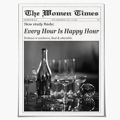 the front page of an old newspaper with wine glasses and bottles on it, in black and white