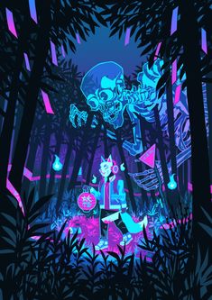 a person standing in the middle of a forest under a blue and purple sky with skulls on it