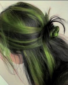 Green And Black Skunk Stripe, Short Hair With Green Highlights, Dyed Hair Green And Black, Hair Colour Ideas Green, Green Under Dye Hair, Green Underside Hair, Black With Green Highlights Hair, Blonde And Green Highlights, Weird Hair Dye Ideas