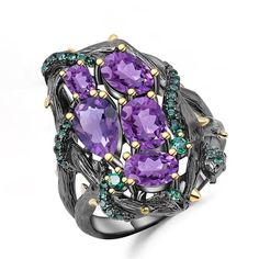 Emerald green snake design with purple amethyst gemstone ring in gunmetal-black. Made of 925 sterling silver with gold plated accents. Details Item Type: Fine Jewelry Rings Metal Type: Sterling Silver+Gold Plated Main Stone: Amethyst Accessory Stone: Simulated Emerald Width: 27mm Amethyst: 3-1/4 ct. t.w. Cut: Oval,Pear Amethyst Cocktail Ring, Vintage Jewelry Sets, Gem Ring, Laura Geller, Swiss Blue Topaz, Issey Miyake, Amethyst Gemstone, Amethyst Ring, Purple Amethyst