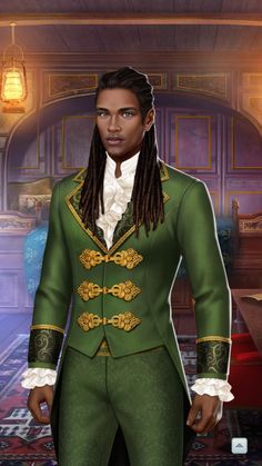 a man with dreadlocks in a green suit