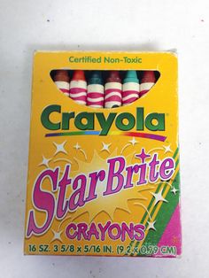 a box of crayola star brite crayons on a white surface