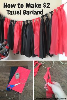 how to make a tassel garland with tissue paper and ribbon for graduation party decorations