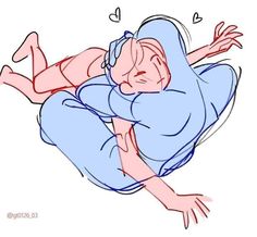 a drawing of a person laying on the ground with their arms around each other and eyes closed