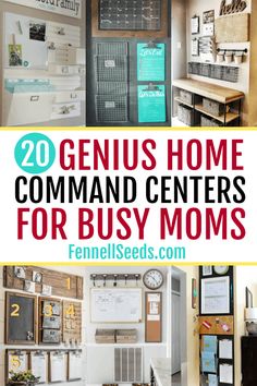 the words genius home command center for busy moms are shown in this collage