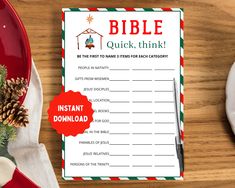 a printable bible quiz sheet next to a plate with christmas decorations and pine cones